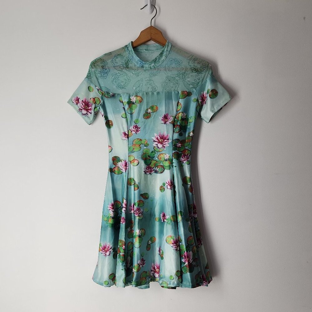 BlackMilk Sanity Check Sheer Splice Dress Fit Flare floral water lily zs S New